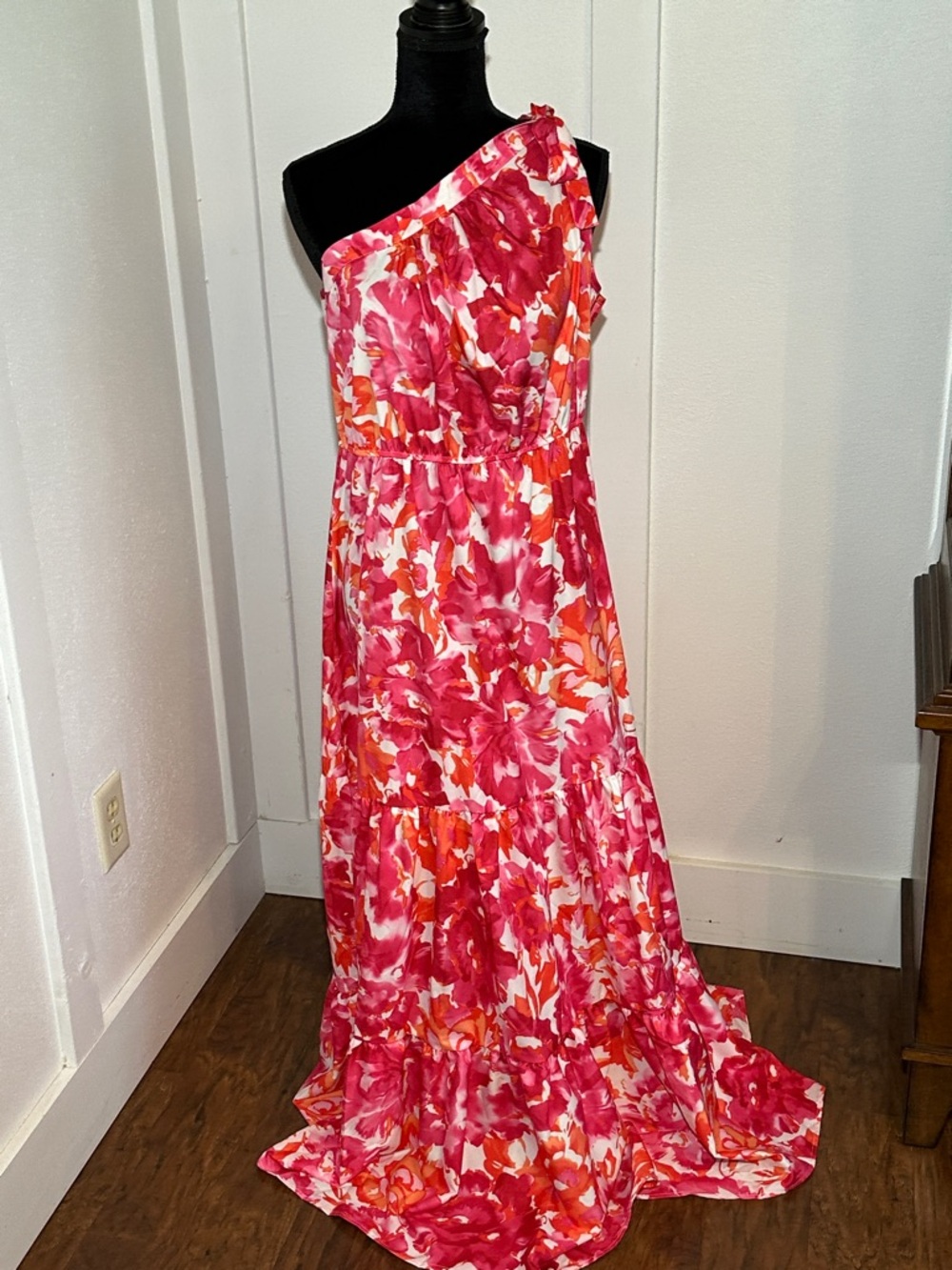 SHEIN One-Shoulder Floral Maxi Dress in Pink and Orange Sz XL